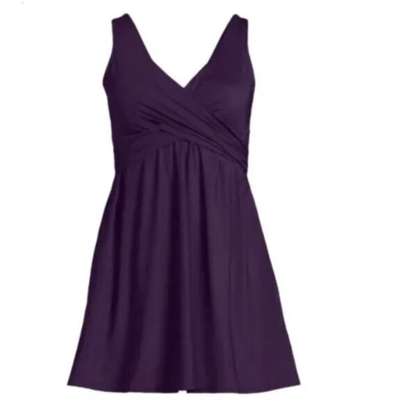 Land's End Slender Suit V Neck Ruched 1 piece Swimsuit Dress blackberry size 10 - Picture 1 of 14